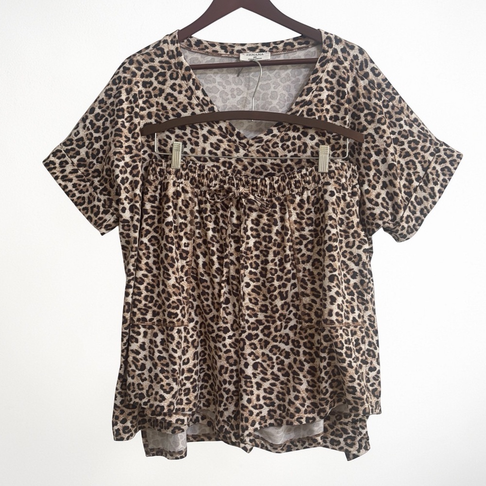SET Zenana Outfitters Brown Leopard Print Shorts Set - Lounge or PJs Sz 2X